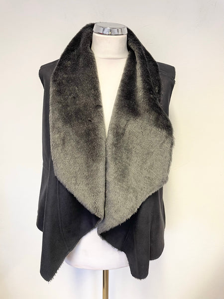 LAURA ASHLEY DARK GREY FAUX FUR LINED SLEEVELESS GILET SIZE M