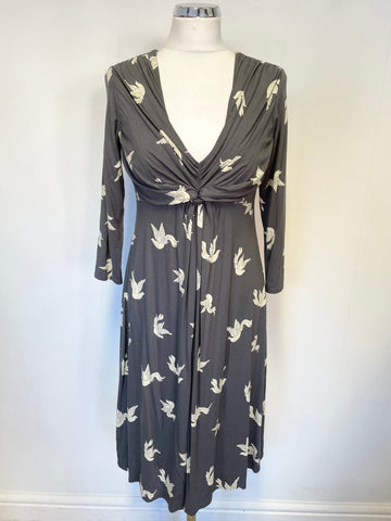 PHASE EIGHT GREY BIRD PRINT 3/4 SLEEVE JERSEY FIT & FLARE DRESS SIZE 10