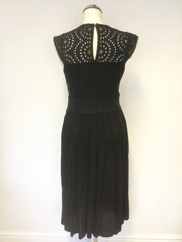 WHISTLES BLACK BROIDERY ANGLAISE & LACE TRIMMED CAP SLEEVE JERSEY FIT & FLARE DRESS SIZE S