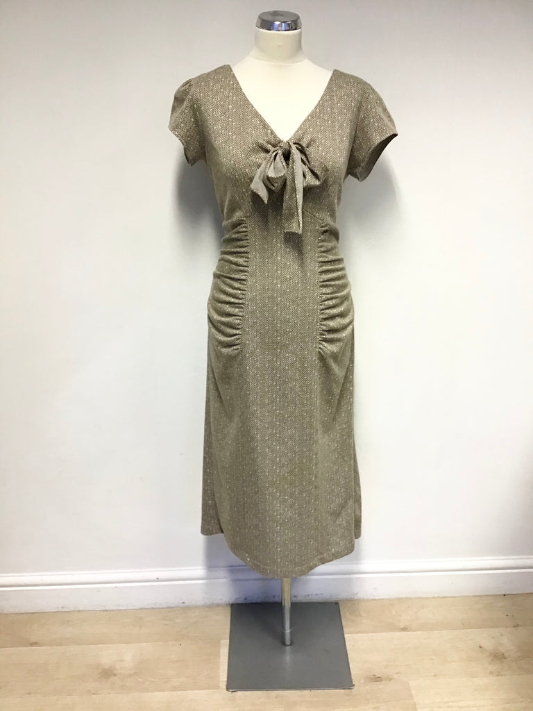 STOP STARRING BROWN HERRINGBONE PRINT CAP SLEEVE BOW TRIM PENCIL DRESS Whispers Dress Agency STOP STARRING BROWN HERRINGBONE PRINT CAP SLEEVE BOW TRIM PENCIL DRESS Whispers Dress Agency