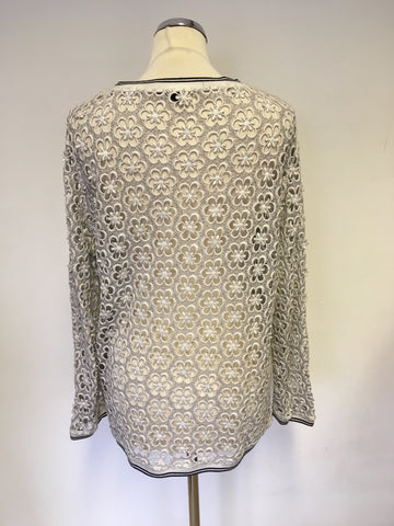 MARCCAIN LIGHT GREY OPEN CROCHET DESIGN LONG SLEEVE TOP SIZE N4 UK 12/16