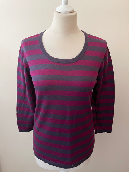 JAEGER RASPBERRY PINK & PURPLE STRIPE FINE KNIT 3/4 SLEEVE TOP SIZE M
