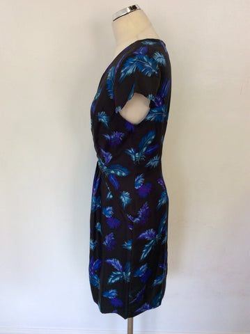 PHASE EIGHT BLACK,TURQOUISE & BLUE FEATHER PRINT SILK DRESS SIZE 16