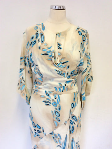 SATSUMA CREAM & TURQUOISE PRINT SLEEVELESS DRESS & MATCHING WRAP AROUND TOP SIZE 12