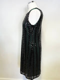 M&CO BLACK SEQUINNED GREEN LINED SLEEVELESS SHIFT DRESS SIZE 14