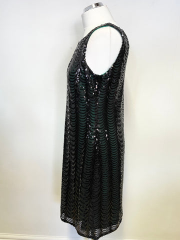 M&CO BLACK SEQUINNED GREEN LINED SLEEVELESS SHIFT DRESS SIZE 14