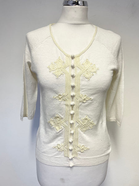 NOUGAT IVORY LINEN BRAID EMBELLISHED CARDIGAN SIZE 1 UK 8/10
