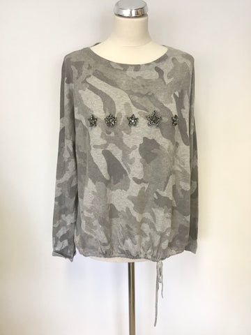 OUI GREY CAMOUFLAGE JEWEL TRIM DRAWSTRING TIE JUMPER SIZE 16