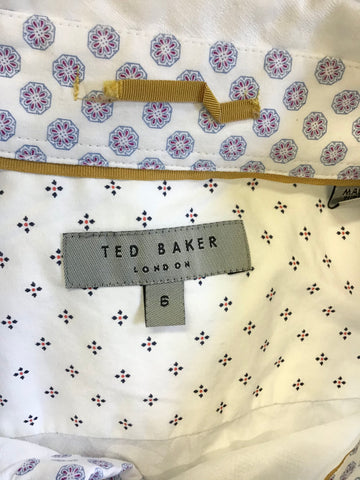TED BAKER WHITE EMBOSED PRINT LONG SLEEVE COTTON SHIRT SIZE 6 UK L