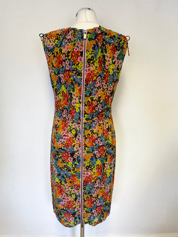 WHISTLES SILK MULTI COLOURED FLORAL PRINT SLEEVELESS TIE SHOULDER PENCIL DRESS SIZE 14