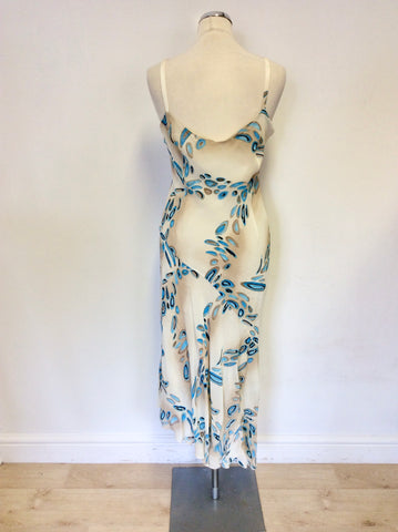 SATSUMA CREAM & TURQUOISE PRINT SLEEVELESS DRESS & MATCHING WRAP AROUND TOP SIZE 12