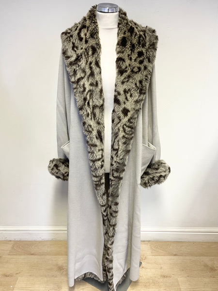 HELEN SYKES PALE GREY FAUX FUR TRIMMED WOOL BLEND KNIT LONG COAT SIZE XL