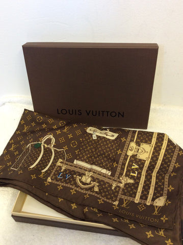 LOUIS VUITTON BROWN MONOGRAM TRUNK PRINT SILK SCARF IN BOX