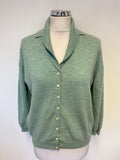 BRORA LIGHT GREEN 100% CASHMERE COLLARED 3/4 SLEEVED CARDIGAN SIZE 14