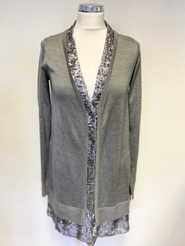 TWIN-SET SIMONA BARBIERI GREY 100% SILK SEQUIN TRIMMED LONG CARDIGAN SIZE XL
