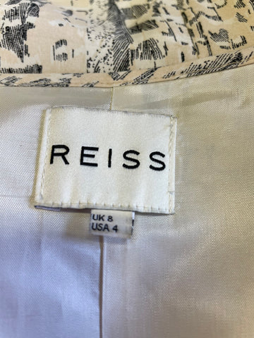 REISS JULIETTE CREAM & GREY FEATHER PRINT 3/4 SLEEVE DRESS SIZE 8