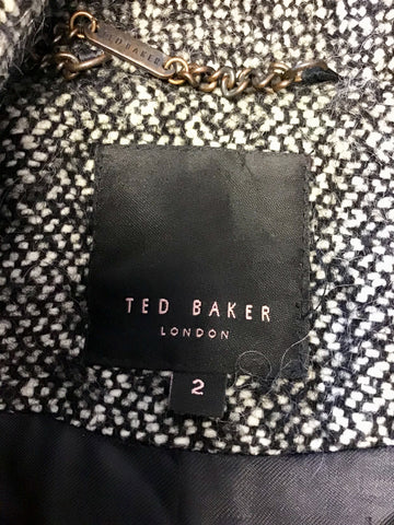 TED BAKER BLACK & WHITE MARL WOOL & MOHAIR KNEE LENGTH COAT SIZE 2 UK 10