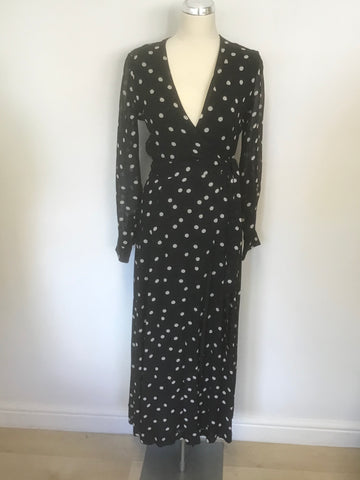 GANNI NAVY BLUE POLKA DOT LONG SLEEVE LONG WRAP DRESS SIZE 36 UK 8/10