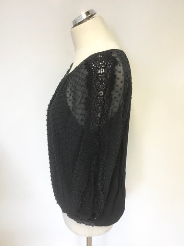 MINT VELVET NAVY BLUE SPOTTED DESIGN SEMI SHEER SLEEVE WITH CROCHET TOP SIZE 14