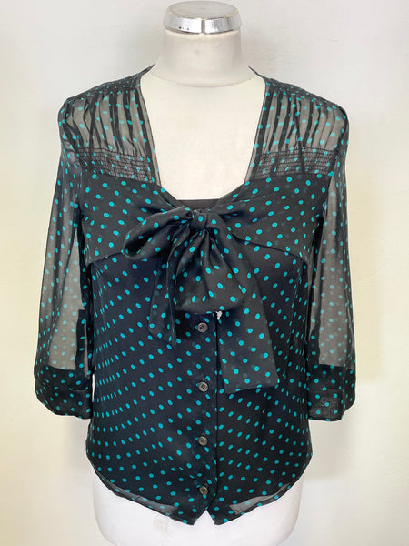 BRAND NEW PRADA BLACK & GREEN SPOT TIE FRONT SILK BLOUSE SIZE 40 UK 8