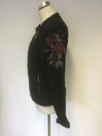 MONARI BLACK ROSE EMBROIDERED  & STUD TRIM COTTON JACKET SIZE 16
