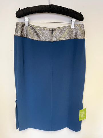 BRAND NEW DIANE VON FURSTENBERG ELVINA SILVER & LIQUID BLUE PENCIL SKIRT SIZE 12 UK 14