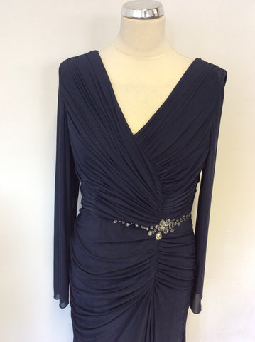 GINA BACCONI DARK BLUE DIAMANTÉ JEWEL TRIM LONG SLEEVE EVENING DRESS SIZE 16