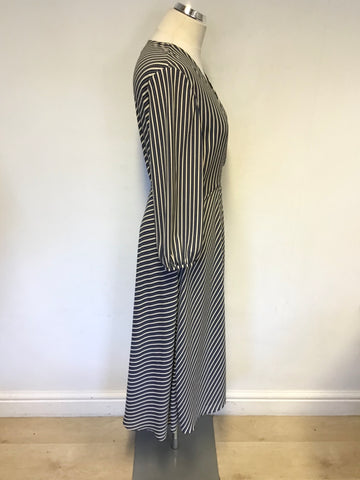WHISTLES NAVY BLUE,WHITE & ORANGE STRIPE 3/4 SLEEVE WRAP DRESS SIZE 12