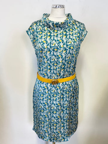 CLEMENTS RIBEIRO TURQUOISE & LEMON FLORAL PRINT SLEEVELESS SHIFT DRESS SIZE 10