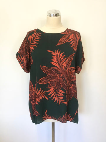 WHISTLES DARK GREEN & RED FLORAL PRINT SHORT SLEEVE TOP SIZE L