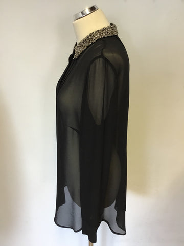 MARKS & SPENCER BLACK SILVER BEADED COLLAR BLOUSE SIZE 14