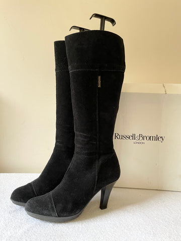 RUSSELL & BROMLEY QUICK FIRE BLACK SUEDE KNEE LENGTH HEELED BOOTS SIZE 6/39