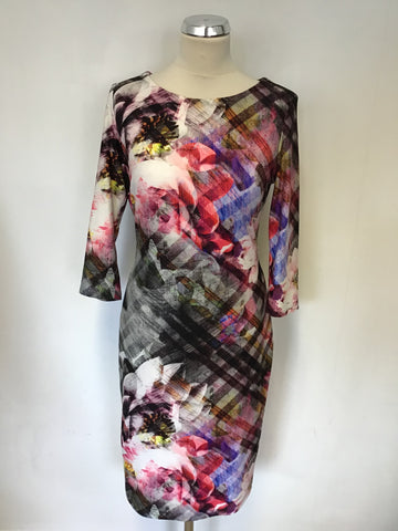 JOSEPH RIBKOFF MULTI COLOURED PRINT 3/4 SLEEVE STRETCH KNEE LENGTH DRESS SIZE 12