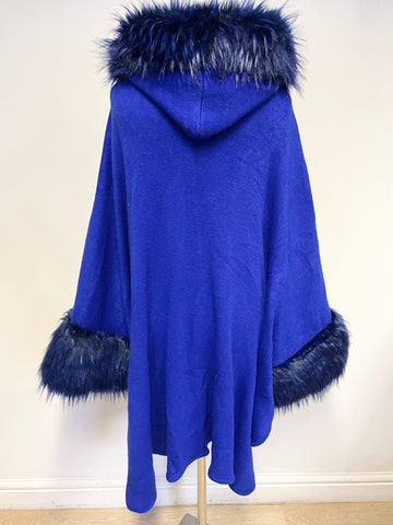 UNBRANDED ROYAL BLUE KNITTED FAUX FUR TRIM HOODED WRAP/ CAPE ONE SIZE