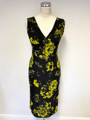 PHASE EIGHT BLACK & LIME FLORAL PRINT SLEEVELESS PENCIL DRESS SIZE 8