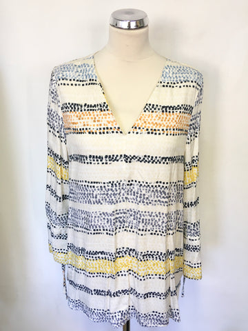 JAEGER WHITE & MULTI COLOURED PRINT LONG SLEEVE WITH TIE CUFF TUNIC TOP SIZE 12