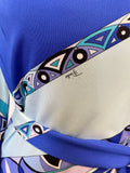 EMILIO PUCCI BLUE,LILAC & TURQOUISE SHADES PRINT 3/4 SLEEVE BELTED SPECIAL OCCASION DRESS SIZE 10