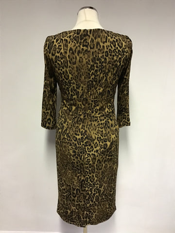 TINA B. NEW YORK BROWN LEOPARD PRINT 3/4 SLEEVE WRAP STYLE DRESS SIZE S UK 10/12