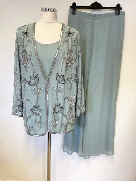 BRAND NEW GRAY & OSBORNE SAGE GREEN SEQUINNED JACKET , TOP & TROUSER SUIT SIZE 16