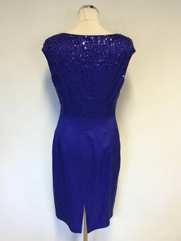 LK BENNETT ROYAL BLUE SILK BEADED & SEQUINNED TRIM PENCIL DRESS SIZE 10
