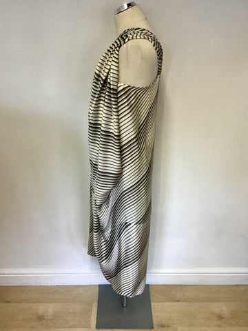 REISS IVORY & GREEN STRIPE SILK ONE SHOULDER DRAPE DRESS SIZE 8