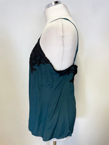 JIGSAW BOTTLE GREEN & BLACK LACE TRIM 100% SILK CAMISOLE TOP SIZE 14