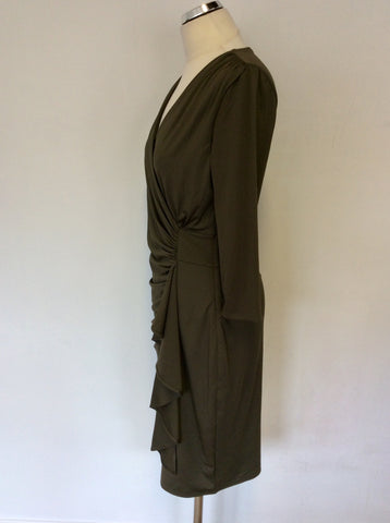 BRAND NEW COAST OLIVIA OLIVE GREEN FAUX WRAP PENCIL DRESS SIZE 12
