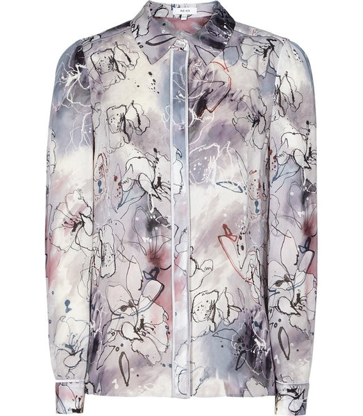 REISS MIA GREY & MAUVE HUES FLORAL PRINT LONG SLEEVE SILK SHIRT SIZE M