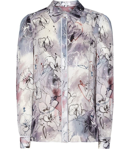 REISS MIA GREY & MAUVE HUES FLORAL PRINT LONG SLEEVE SILK SHIRT SIZE M