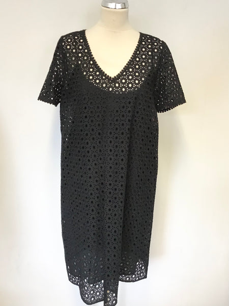 THE WHITE COMPANY BLACK BRODIERE ANGLAISE SHORT SLEEVE SHIFT DRESS SIZE 14