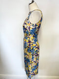LK BENNETT MULTI COLOURED FLORAL PRINT CUT OUT NECKLINE SLEEVELESS PENCIL DRESS SIZE 8