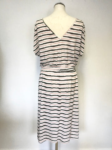 WEEKEND BY JOHN LEWIS IVORY,BLACK & PINK STRIPE STRETCH JERSEY TIE BELT DRESS SIZE 14
