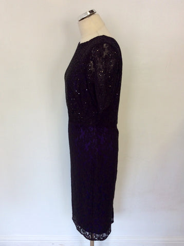 M&CO BLACK LACE & PURPLE LINED SEQUIN TRIM PENCIL DRESS SIZE 14