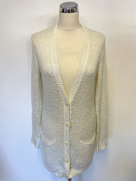RALPH LAUREN OFF WHITE WITH SEQUIN TRIM V NECKLINE LONG SLEEVE LONG CARDIGAN SIZE M
